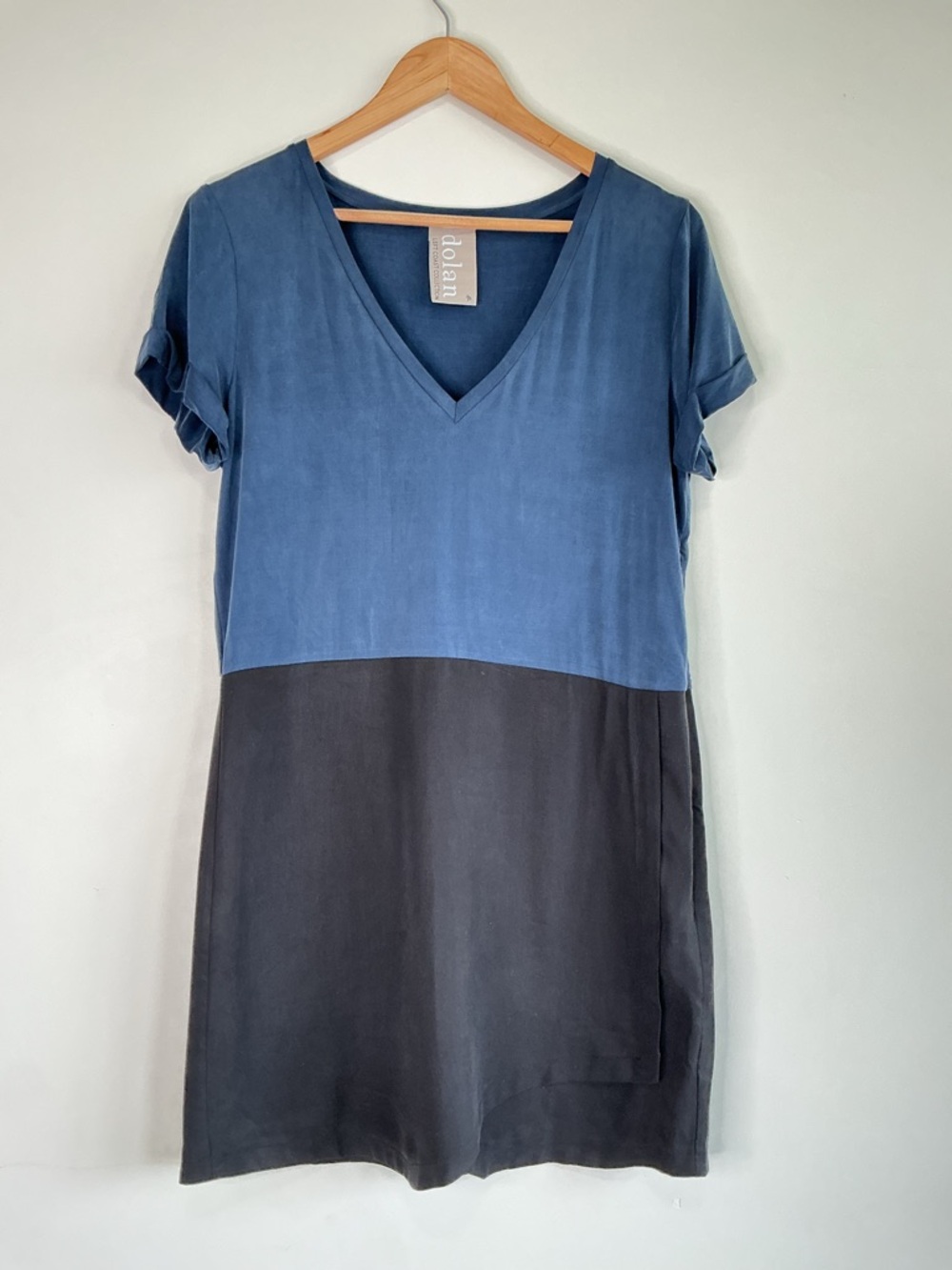 Dolan Tunic Dress Blue Black V Neck Short Sleeve Cupro/Tencel Soft Elevated M